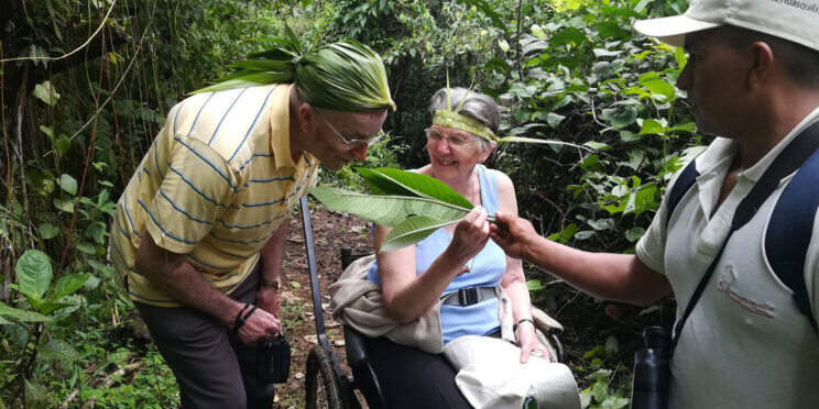 Una usuaria de silla de ruedas disfrutando de un paseo por la selva de Ecuador junto a su acompañante y a un guía